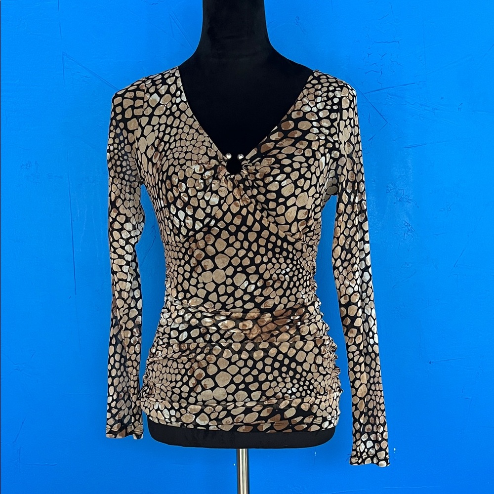 INC Brown‎ abstract Women's Top y2k stretch sheer clueless